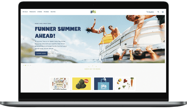 Image of a summer-themed website homepage featuring people enjoying a boat ride. The banner promotes summer activities with vibrant visuals, showcasing fresh produce and seasonal products. The layout includes sections for featured items and seasonal promotions.
