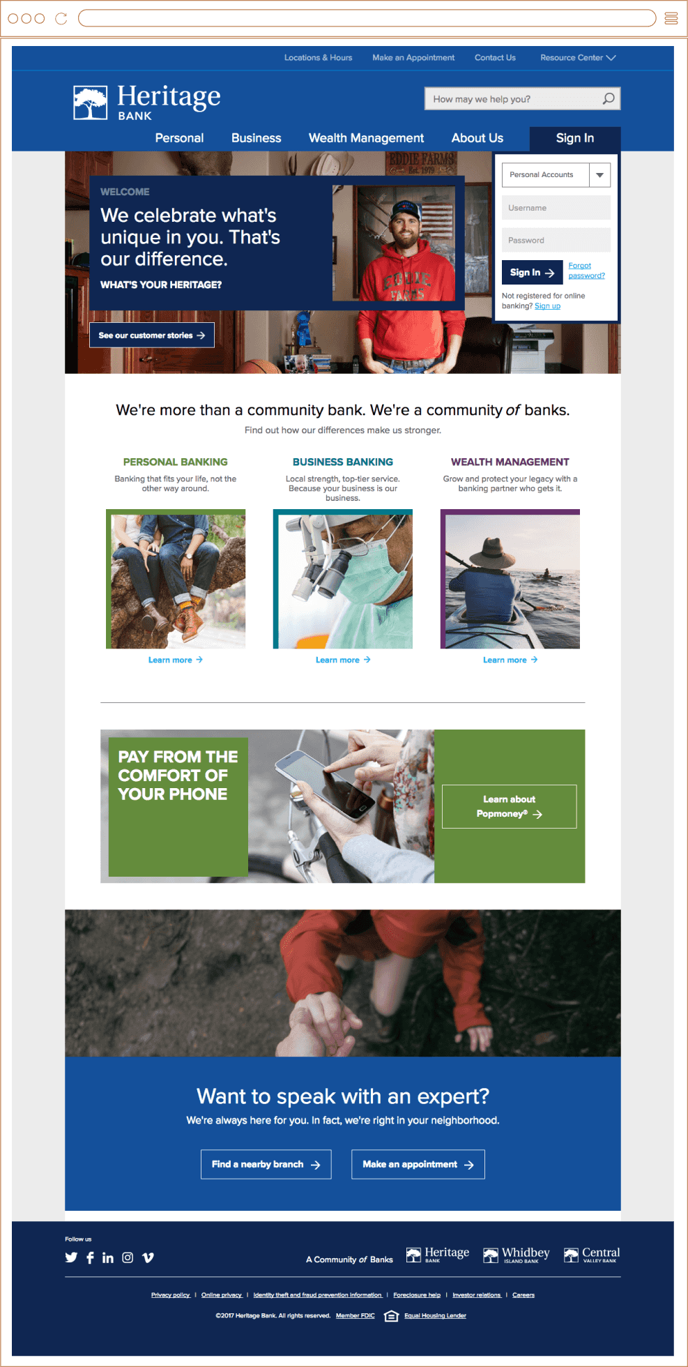 Community bank homepage featuring financial services, support resources, and wealth management options. The layout includes images of various community activities and services, emphasizing a strong community focus.