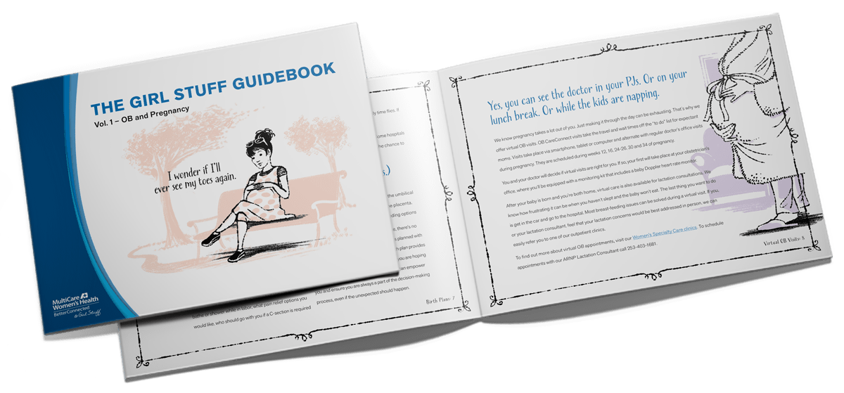 Illustration of an open guidebook featuring a woman reading, emphasizing health and wellness topics. The guidebook's cover is visible with the title prominently displayed, alongside pages filled with informative text.