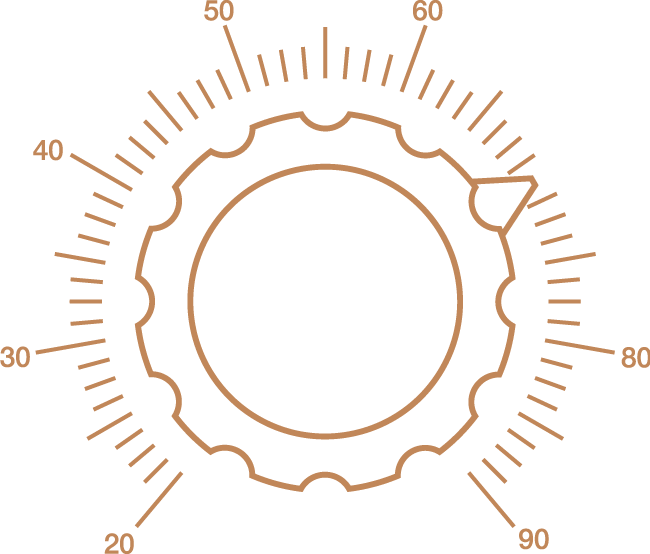 Illustration of a circular gauge with a gear-like design, displaying numerical markings from 0 to 90, indicating measurement levels and a pointer indicating a specific value. Ideal for visualizing metrics in engineering or technical contexts.