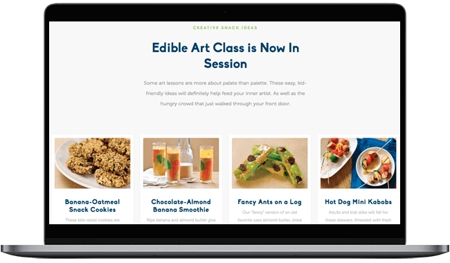 Edible art class promotional image featuring a laptop screen displaying creative snack ideas, including banana-oatmeal snack cookies, chocolate-almond banana smoothies, fancy ants on a log, and hot dog mini kebabs. The text emphasizes kid-friendly recipes that encourage creativity and fun in the kitchen.