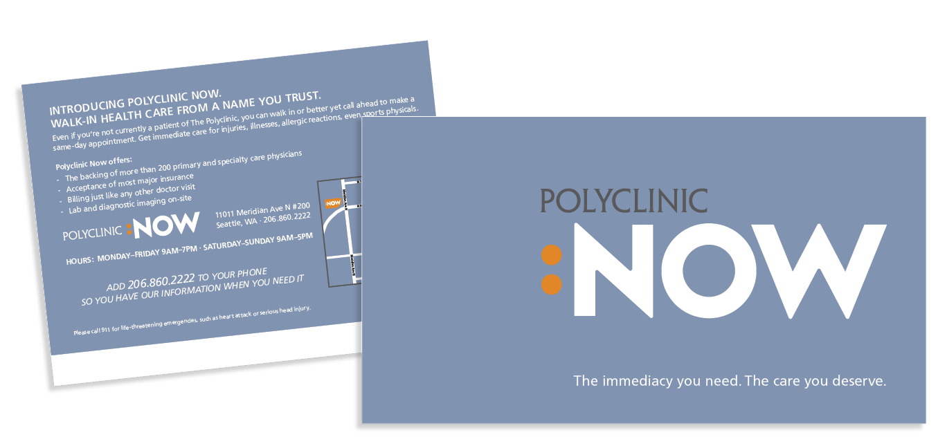 Informative promotional postcard for Polyclinic Now, featuring a modern design with the tagline "The immediacy you need" and details about trusted healthcare services.