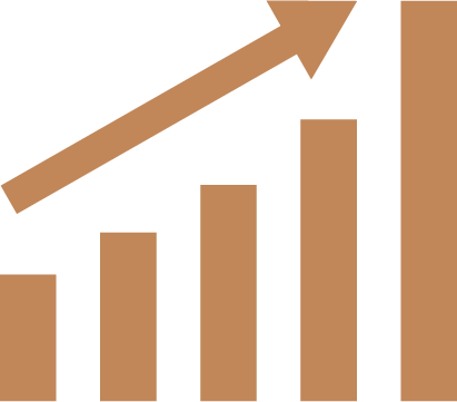 Graph icon depicting increasing growth with ascending bars and an upward arrow, representing business success and financial development.