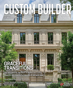 Cover of Custom Builder magazine featuring a sophisticated house design with elegant architectural details, surrounded by greenery, highlighting the theme "Graceful Transitions."