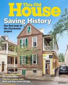Magazine cover featuring a historic house in Charleston, highlighting the theme "Saving History" and showcasing a project focused on preservation.