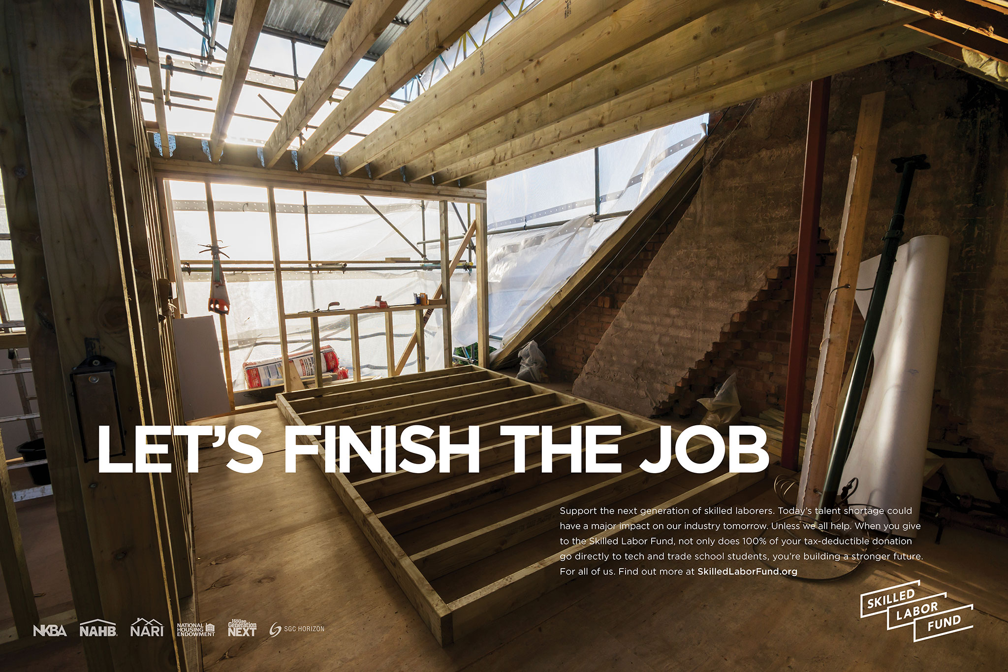 Interior view of a construction site showcasing wooden beams and framing, with a focus on unfinished flooring. Natural light filters through plastic sheeting, highlighting the ongoing renovation work. Text overlay encourages project completion.