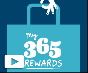 Blue shopping bag graphic featuring the text "My 365 Rewards" with a play button icon, promoting a rewards program for customers.