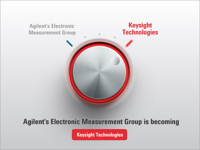 Agilent's Electronic Measurement Group is transitioning to Keysight Technologies, featuring a modern design with a metallic dial and vibrant branding elements.