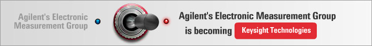 Agilent's Electronic Measurement Group transition to Keysight Technologies banner, featuring a control knob graphic, emphasizing the brand change in electronic measurement solutions.