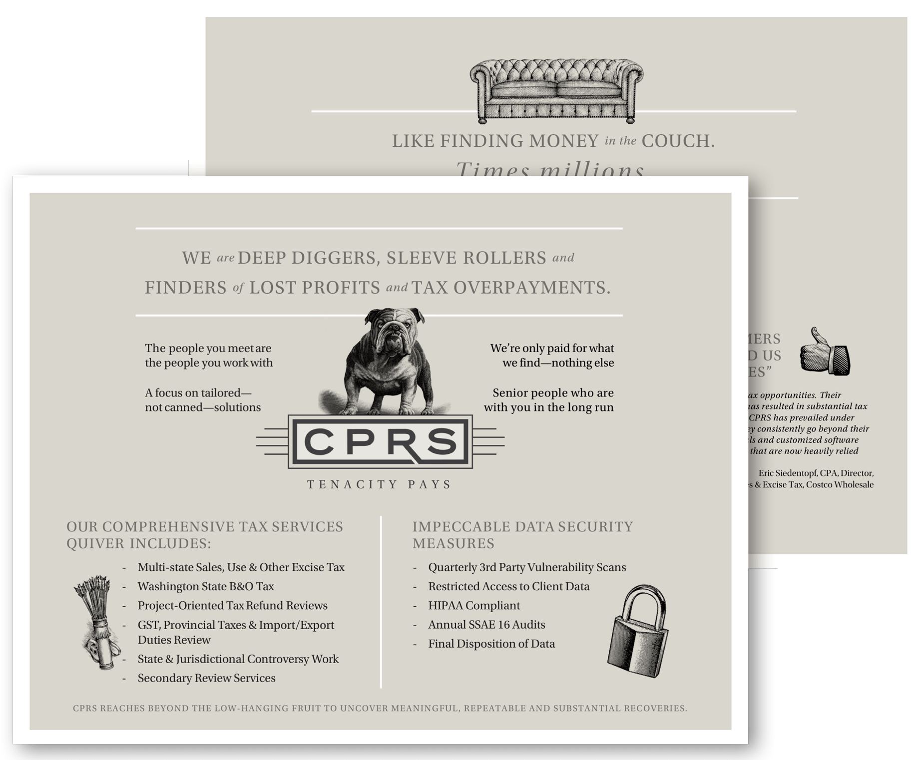 Informational graphic for CP Tax Recovery Services highlighting their expertise in identifying lost profits and tax overpayments. Features a bulldog mascot, services offered, and commitment to data security. Emphasizes tailored solutions and experienced staff dedicated to client success.