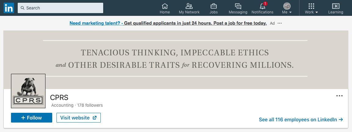 LinkedIn profile header for CP Accounting firm showcasing the tagline "Tenacious thinking, impeccable ethics, and other desirable traits for recovering millions," with a logo featuring a bulldog.