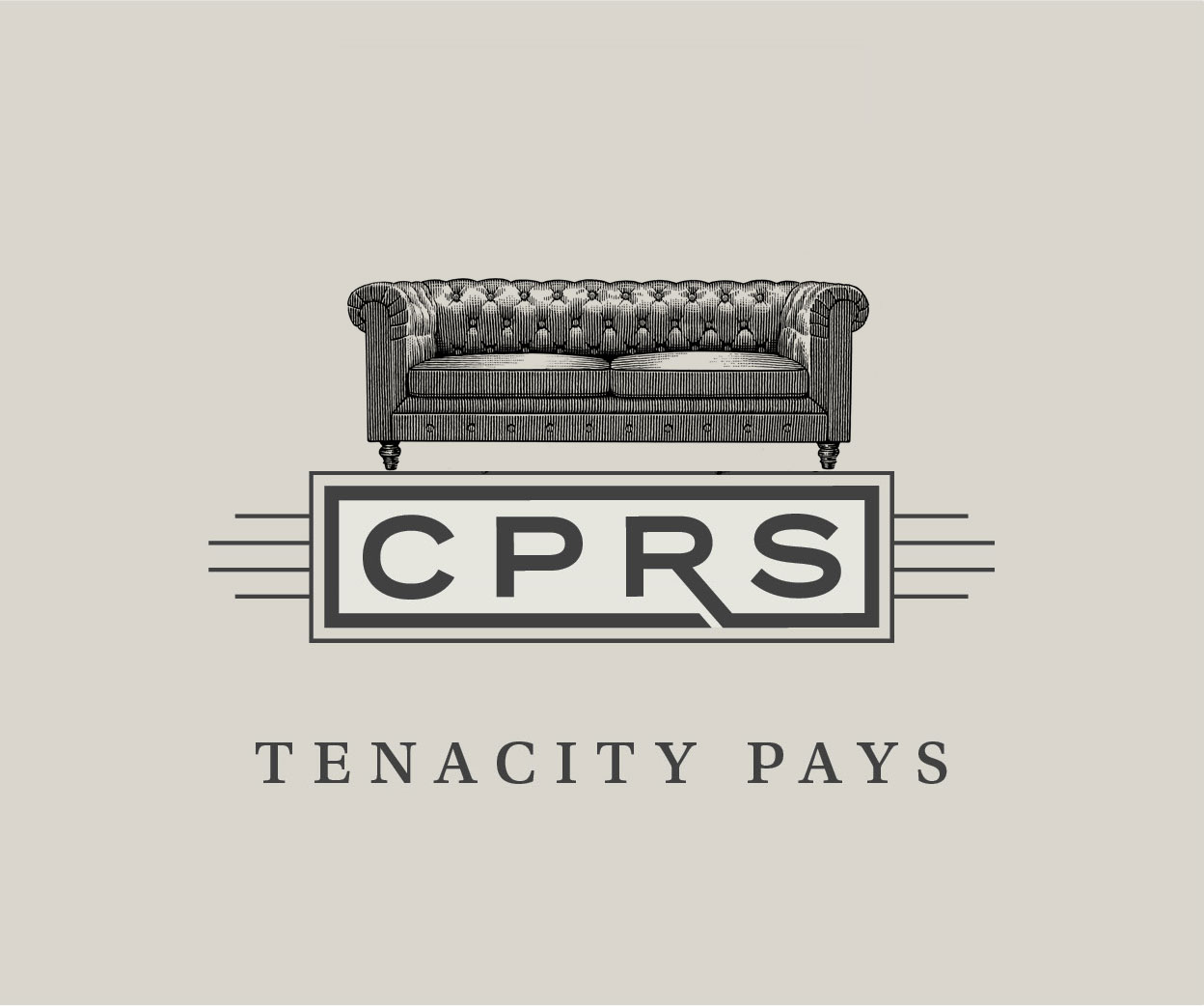 Vintage-style illustration of a tufted couch with the text "CPRS" and the phrase "Tenacity Pays" underneath, set against a neutral background. This image represents a brand focused on resilience and quality in design.