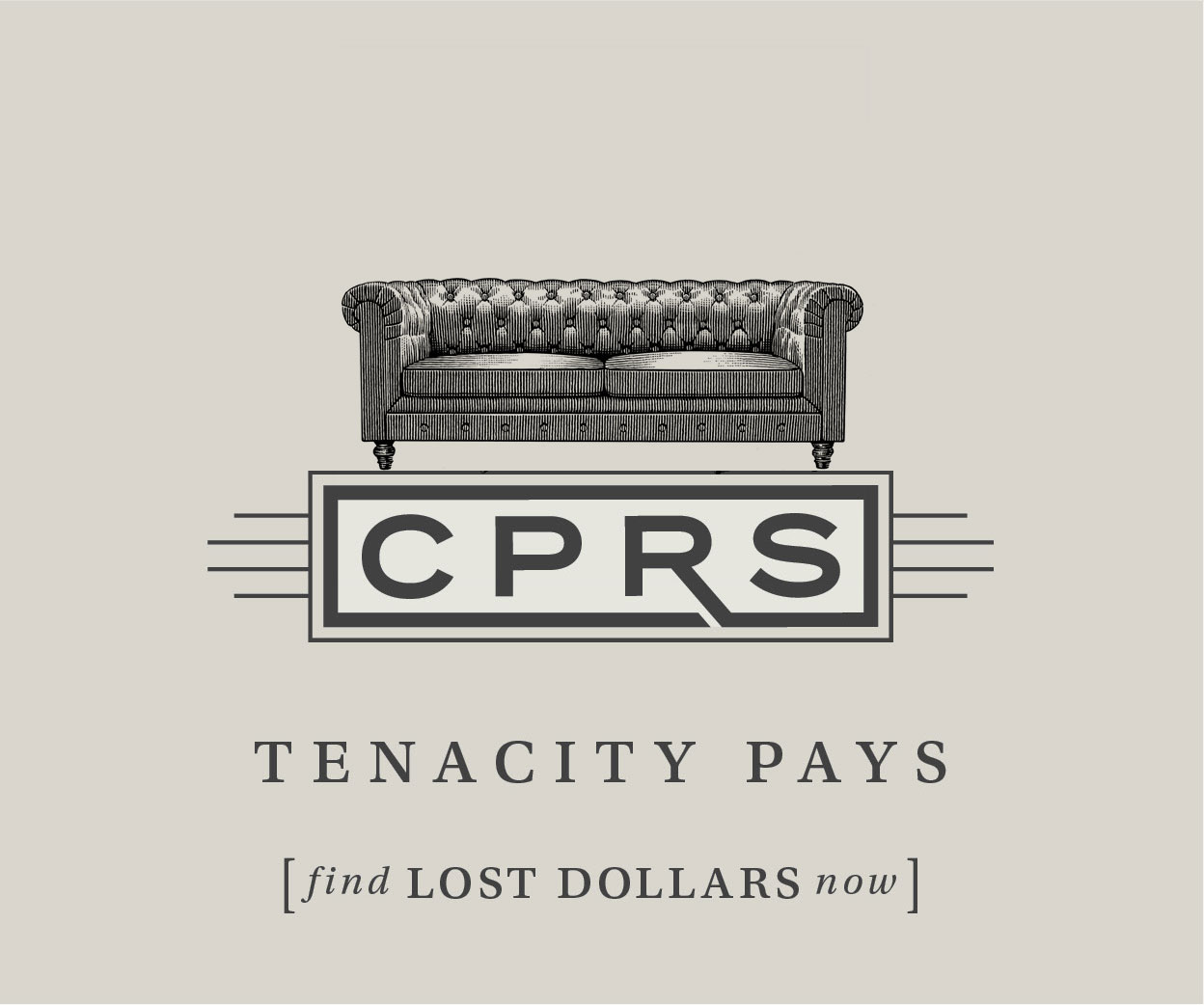 Vintage-style graphic featuring a tufted sofa with the text "CPRS" and the tagline "Tenacity Pays" promoting a service to help find lost funds.