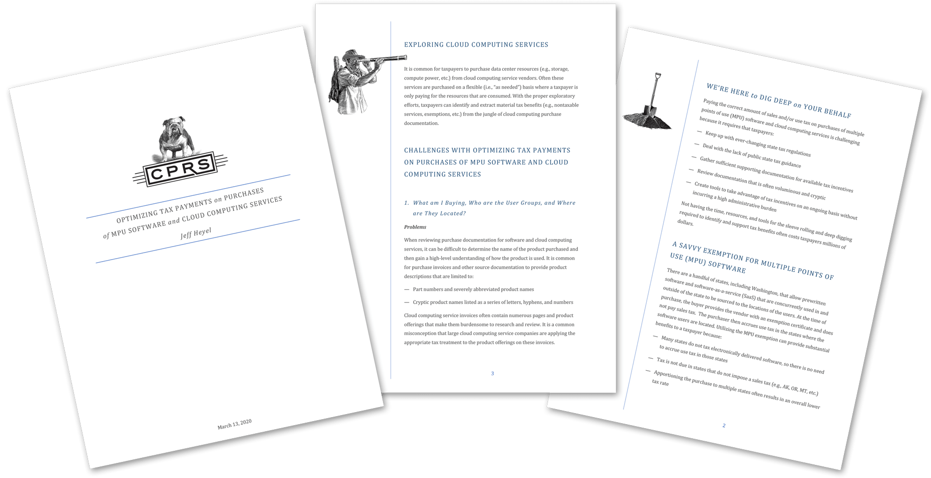 Three pages of a document titled "Optimizing Tax Payments on Purchases of MPU Software and Cloud Computing Services" by Jeff Heyel. The document discusses challenges related to tax payments, cloud computing services, and strategies for optimizing tax benefits. Illustrations include a dog logo and a figure with a telescope, emphasizing exploration and analysis in tax optimization.