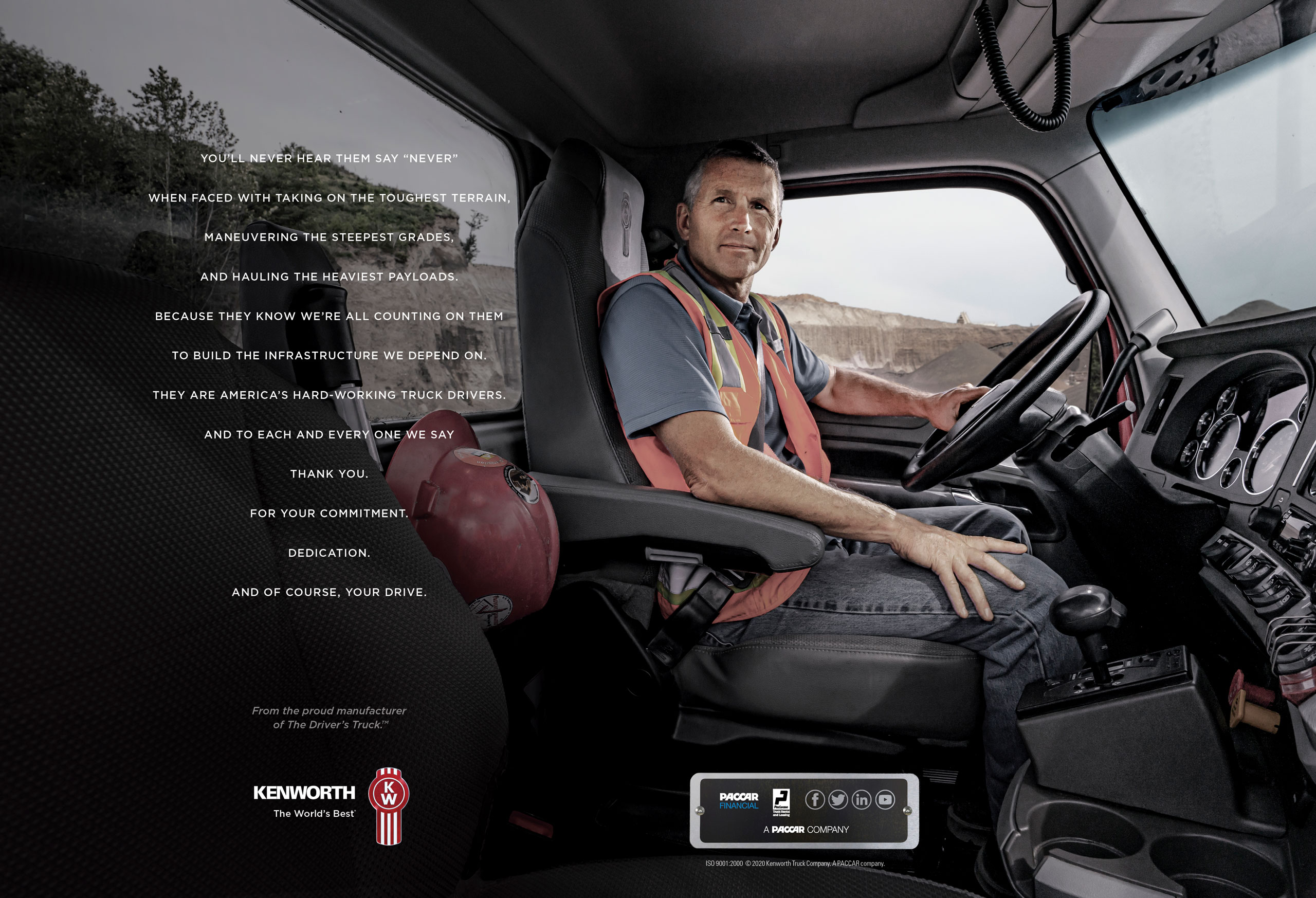 Professional truck driver in a Kenworth truck cabin, showcasing dedication and commitment to navigating tough terrains and hauling heavy loads. The image emphasizes the importance of truck drivers in building infrastructure.