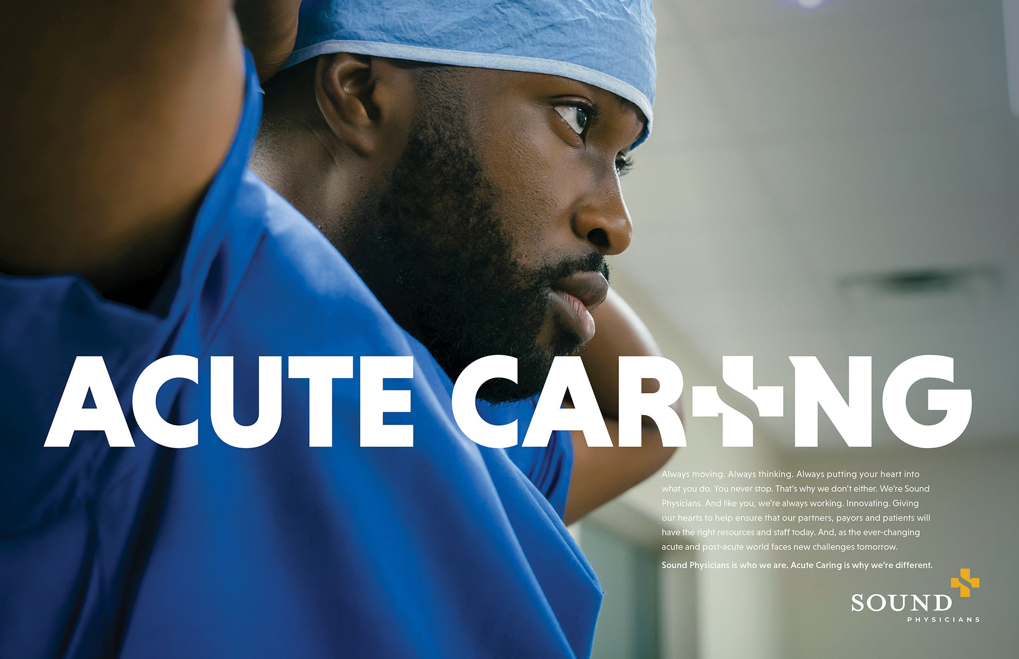A focused male healthcare professional wearing a blue surgical scrub and a light blue surgical cap, contemplating in a clinical setting, with the text "CUTE CAR+N" prominently displayed.