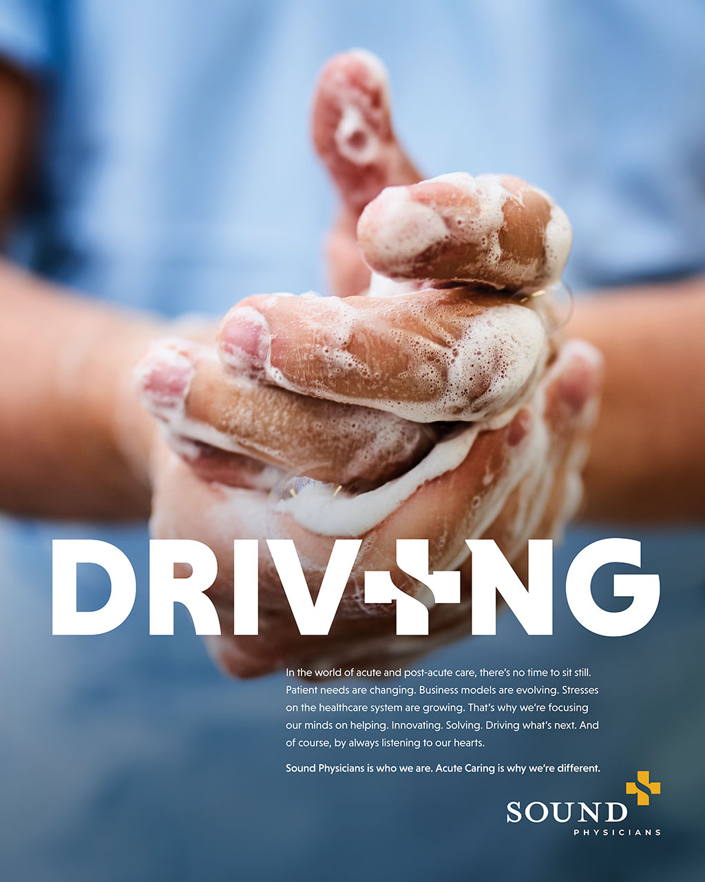 Close-up of a healthcare professional's hands lathering with soap, emphasizing the importance of hand hygiene in patient care. The image highlights the commitment of Sound Physicians to innovation and acute care solutions.