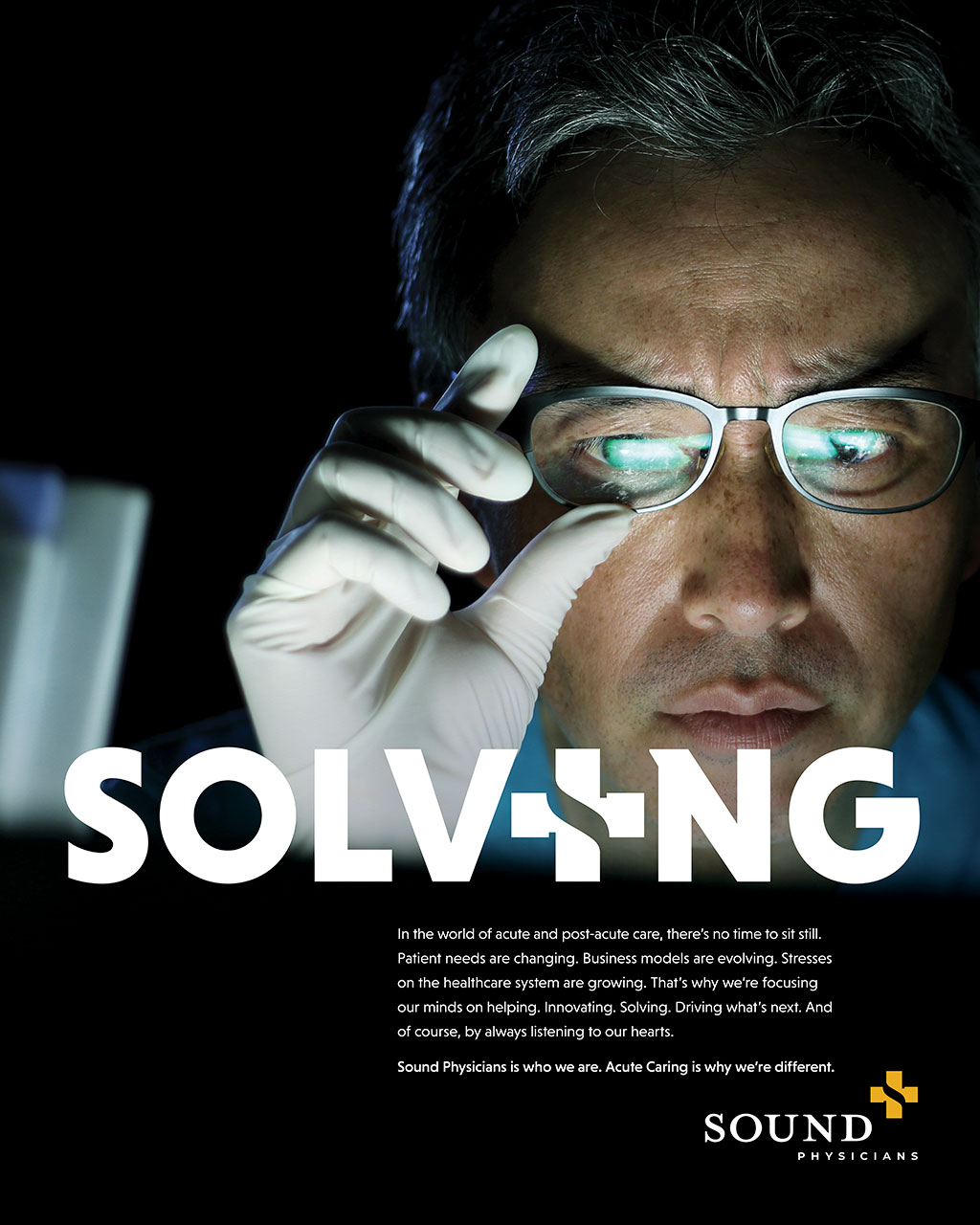 Close-up of a focused scientist wearing glasses and gloves, examining a sample with a microscope, symbolizing problem-solving in research and innovation. The word "SOLVING" prominently displayed in the foreground highlights the theme of discovery and analysis.