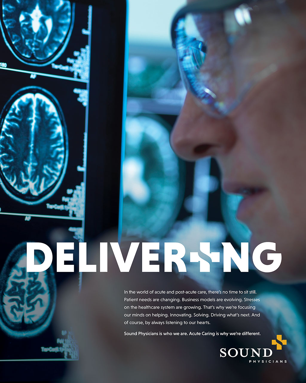 Close-up of a healthcare professional examining brain scan images on a digital screen, highlighting the importance of innovative and responsive patient care in acute and post-acute settings. Sound Physicians emphasizes their commitment to adapting to changing healthcare needs.
