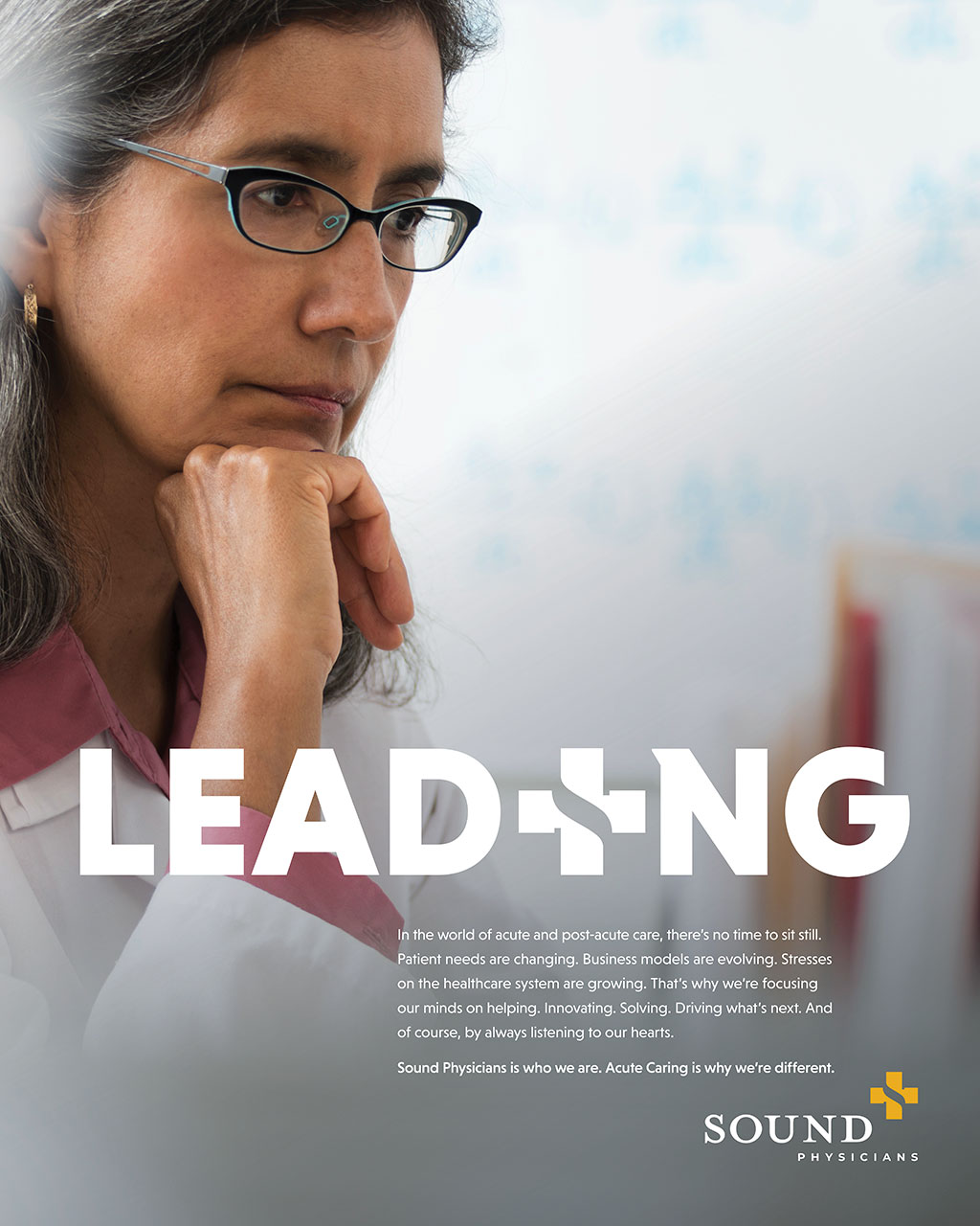 Close-up of a thoughtful healthcare professional with glasses, reflecting on patient care challenges in the evolving healthcare landscape. The image emphasizes leadership and innovation in acute and post-acute care, showcasing the commitment of Sound Physicians to addressing patient needs.
