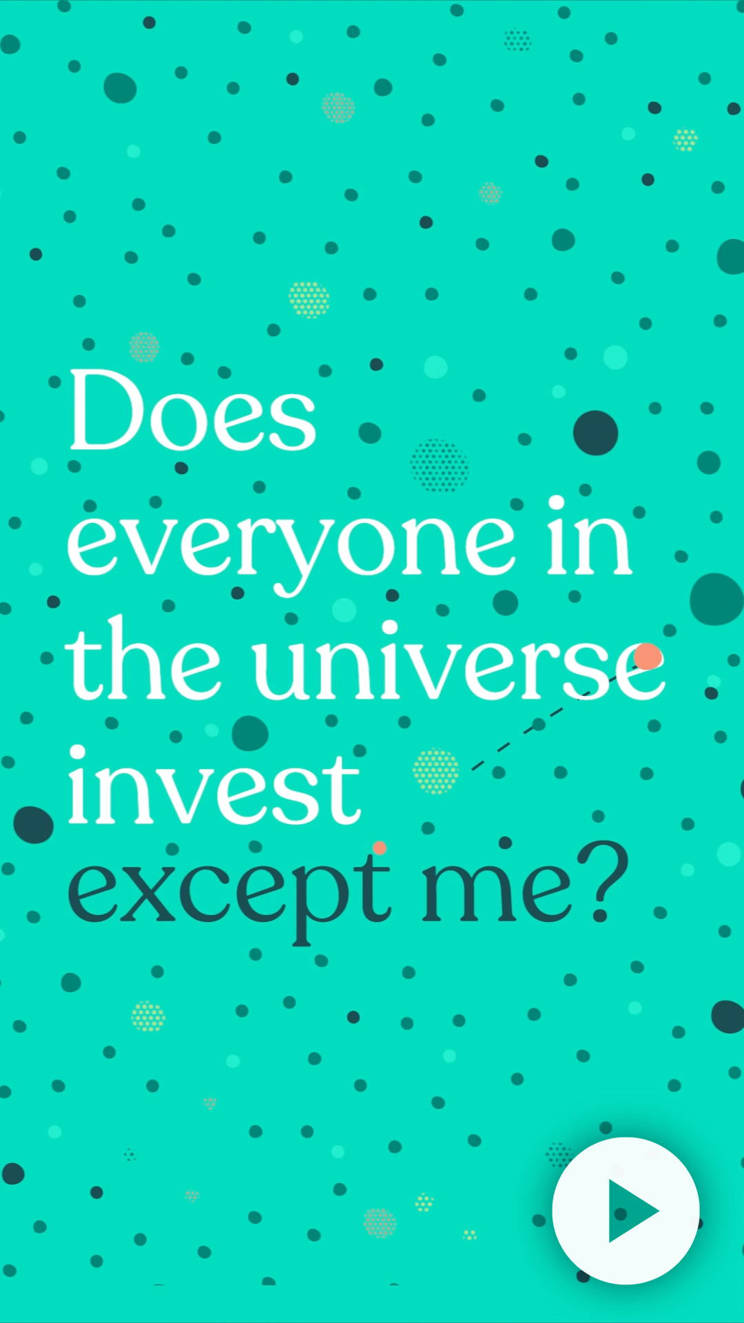 Text graphic questioning universal investment, featuring a turquoise background with colorful dots.