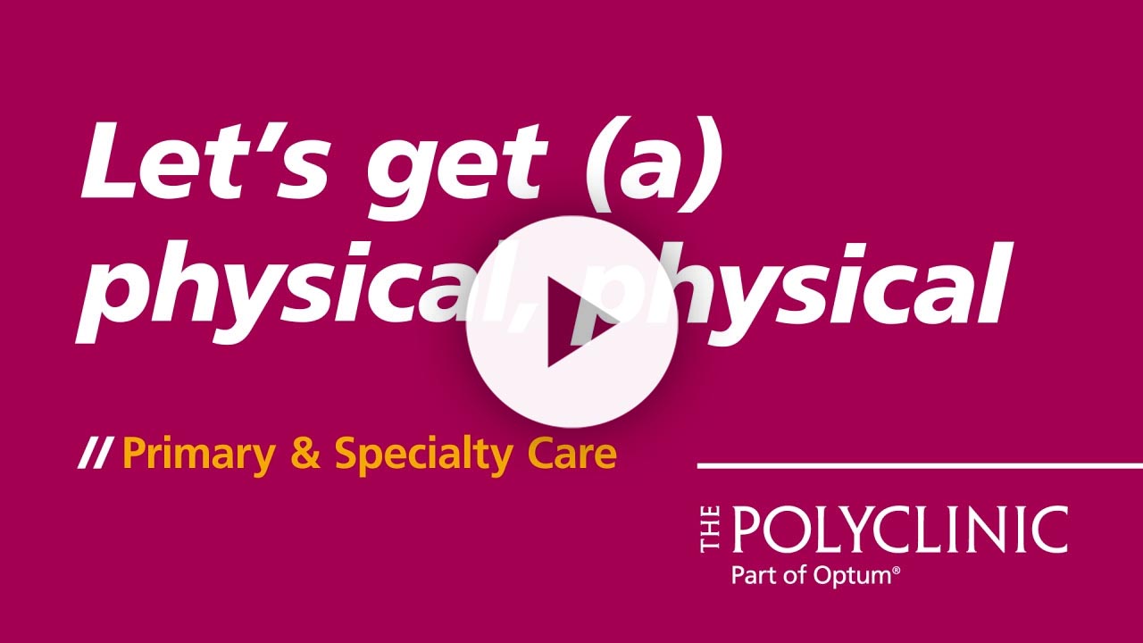 Video thumbnail promoting physical therapy and specialty care services at The Poly Clinic, featuring a play button.