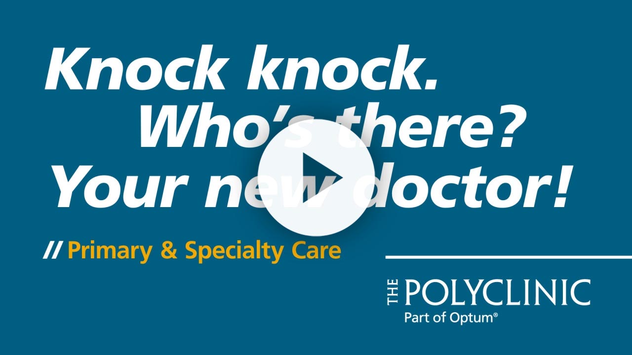 Promotional image for The Polyclinic highlighting a new doctor with a playful "knock knock" theme, featuring a play button indicating a video about primary and specialty care services.