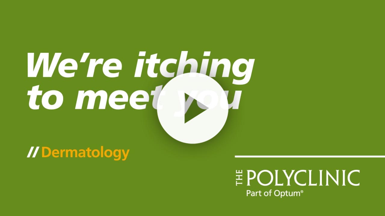 Play button overlay on a green background featuring the text "We're itching to meet you" and the logo of The Polyclinic, part of Cytometry. Ideal for promoting healthcare services and patient engagement.