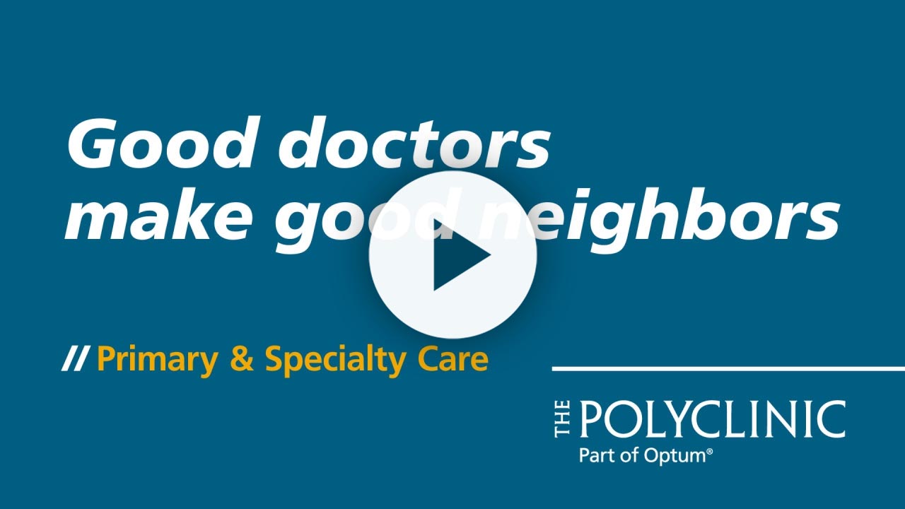 Image promoting The Poly Clinic, emphasizing the importance of good doctors and quality specialty care, featuring a play button for video content.