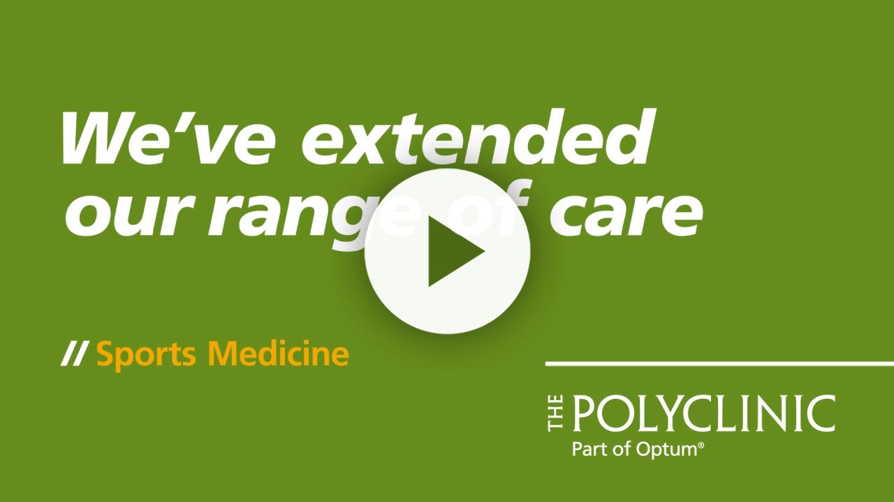 Video play button on a green background with the text highlighting extended range of care in medicine, featuring The Poly Clinic logo, part of Optum.