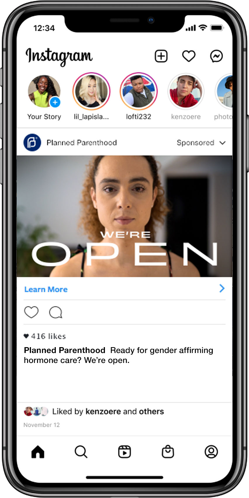 Image of a person with short, curly hair looking directly at the camera, accompanied by the text "WE'RE OPEN." The image promotes Planned Parenthood's services related to gender-affirming hormone care, emphasizing their availability.