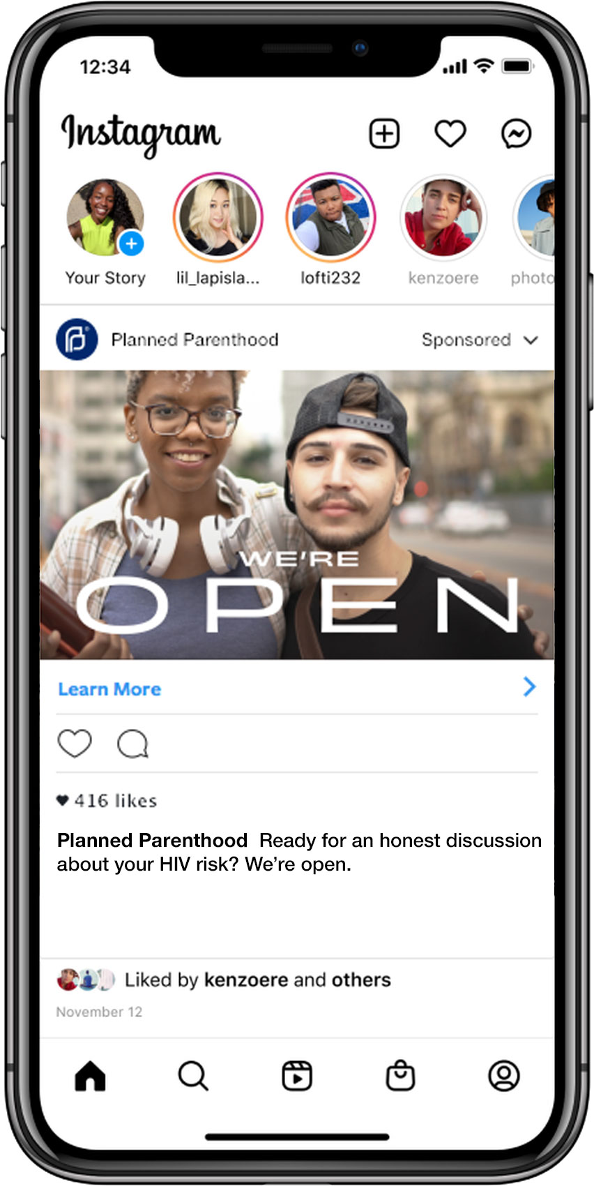 Diverse young adults smiling and gesturing, promoting Planned Parenthood's services with the text "WE'RE OPEN" prominently displayed.