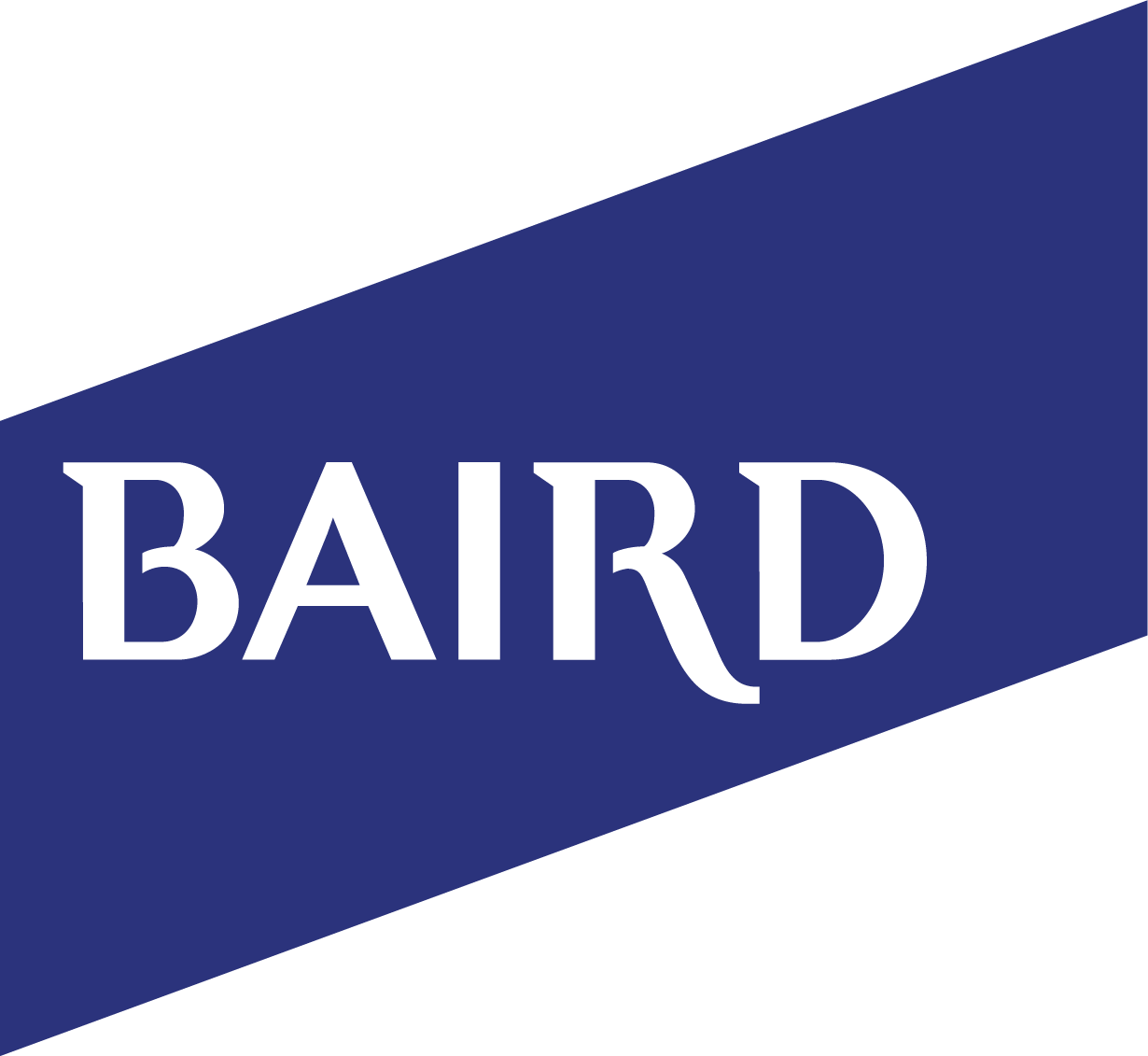 Baird logo featuring the name "BAIRD" in bold white letters on a blue background, representing the financial services firm.