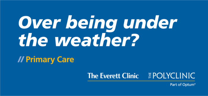 Image promoting urgent care services at The Everett Clinic, featuring a blue background with text asking if the viewer is feeling unwell.