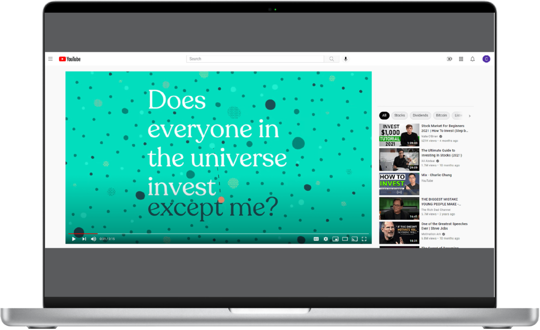 YouTube video thumbnail featuring the text "Does everyone in the universe invest except me?" on a teal background with colorful dots, showcasing investment themes.
