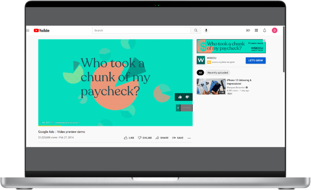YouTube video preview displaying an ad titled "Who took a chunk of my paycheck?" featuring a colorful background and pie chart graphics, promoting WSECU services.