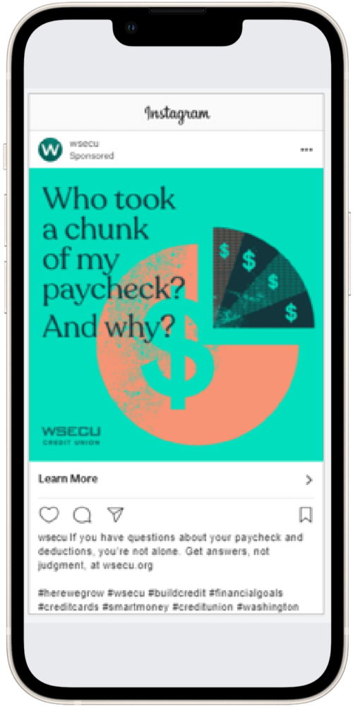 Colorful advertisement for WISECU Credit Union featuring a dollar sign and pie chart. The text poses a question about paycheck deductions, encouraging viewers to learn more about financial management.