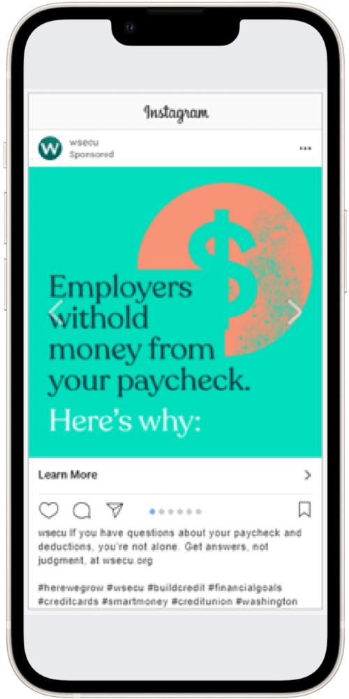 Mobile phone displaying a graphic about paycheck withholding, featuring a dollar symbol and text explaining why employers withhold money from employees' paychecks. Call to action to learn more.