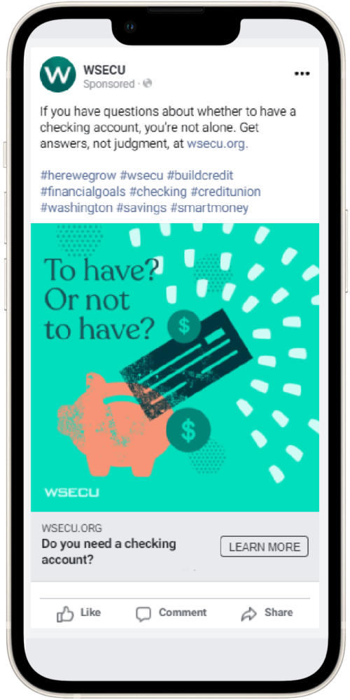 Image of a smartphone displaying a financial-themed graphic with a piggy bank and dollar bills. The text poses the question "To have? Or not to have?" highlighting themes of savings and financial planning. The background features a vibrant design, promoting financial wellness and smart money management.
