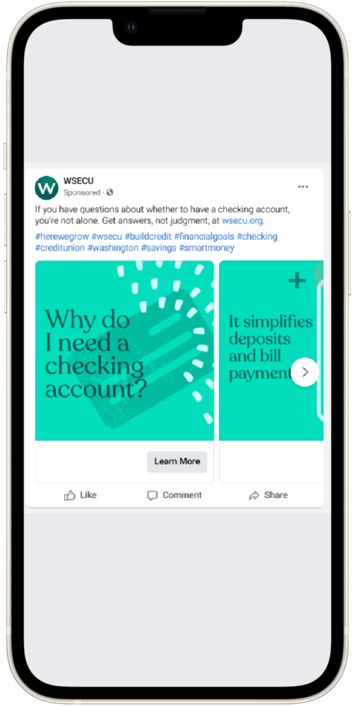 Social media advertisement for a checking account service, featuring text on the importance of having a checking account and its benefits for managing deposits and bill payments. Includes a call-to-action button to learn more.