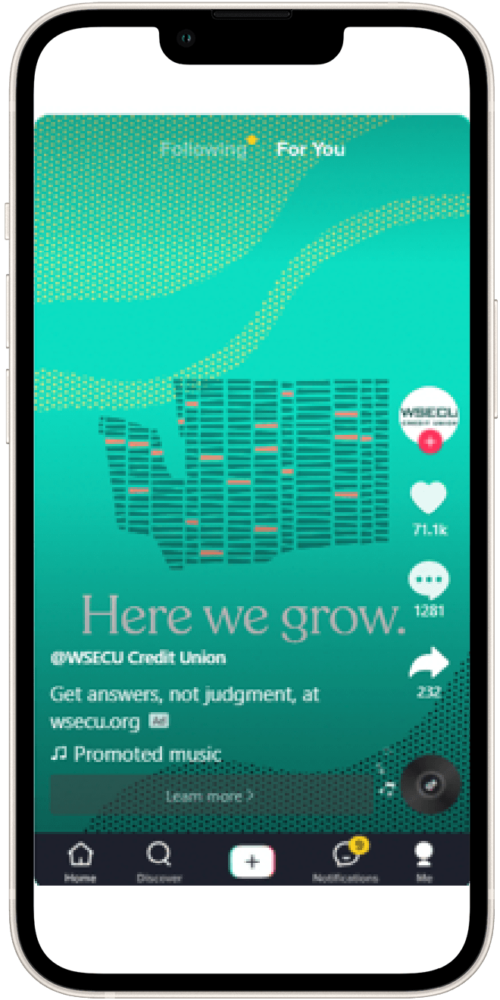 Smartphone screen displaying a TikTok video from WSECU Credit Union with the text "Here we grow." The video encourages viewers to seek answers at wsecuw.org. The interface includes engagement metrics like likes and comments, along with promotional music.