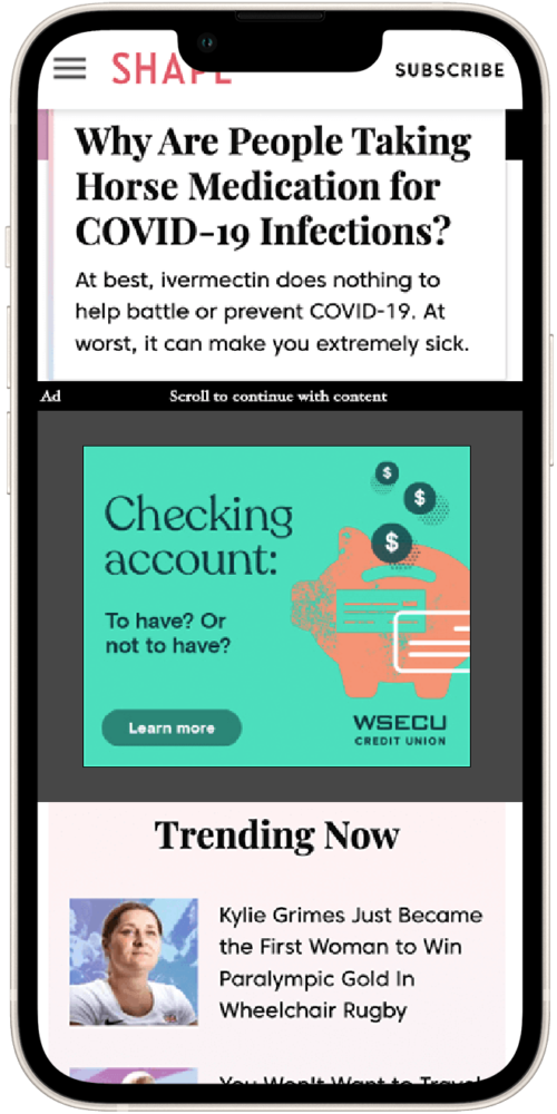 Image of a smartphone displaying an article titled "Why Are People Taking Horse Medication for COVID-19 Infections?" from Shape magazine, discussing the ineffectiveness and potential dangers of using ivermectin for COVID-19 treatment. The screen also shows an advertisement for checking accounts and a trending section highlighting recent news.