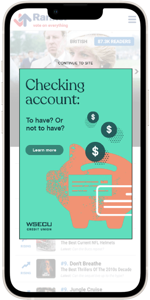 Mobile advertisement for WSECU Credit Union promoting checking accounts, featuring a colorful design with text asking "To have? Or not to have?" and a call-to-action button labeled "Learn more."