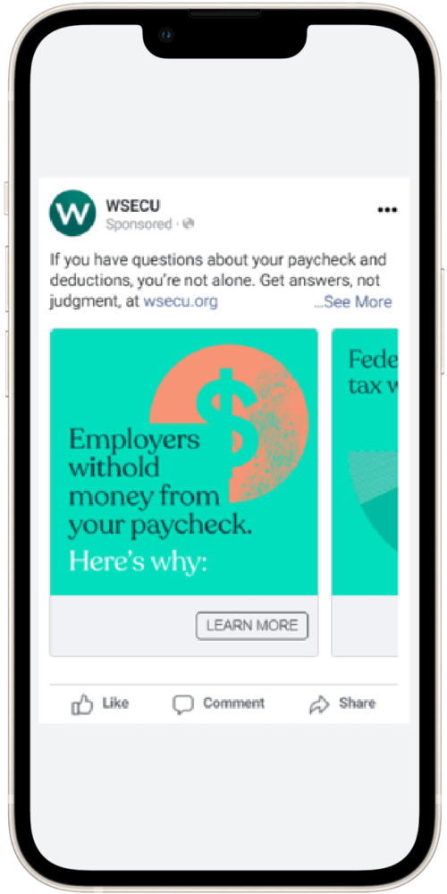Sponsored post by WSECU on a mobile device, highlighting the importance of understanding paycheck deductions. The image features a dollar sign graphic with the text "Employers withhold money from your paycheck. Here’s why:" and a call-to-action button labeled "LEARN MORE."