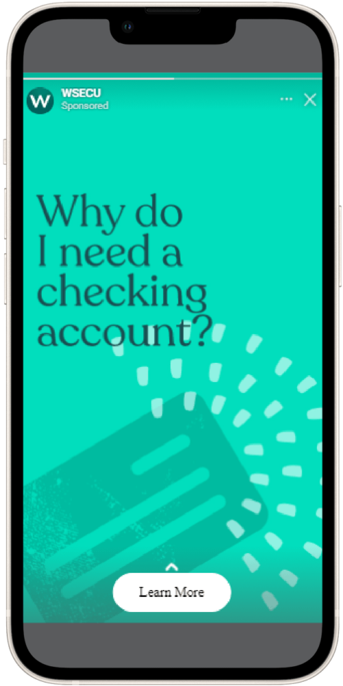 Image of a smartphone displaying the text "Why do I need a checking account?" against a bright turquoise background, emphasizing the importance of having a checking account for managing finances.