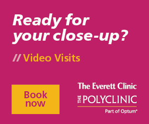 Promotional banner for The Everett Clinic and The Polyclinic offering video visits, featuring a call to action to book an appointment.