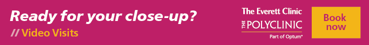 Promotional banner for The Everett Clinic and The Polyclinic highlighting video visits with a call to action to book an appointment.
