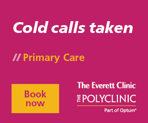 Promotional banner for The Everett Clinic and The Polyclinic highlighting primary care services with a call to action to book an appointment.