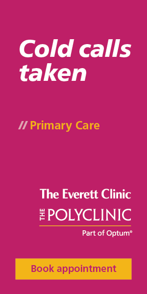 Graphic promoting primary care services at The Everett Clinic and The Polyclinic, featuring a call to action to book an appointment.