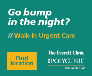 Graphic promoting Walk-In Urgent Care services at The Everett Clinic and The Polyclinic, featuring the text "Go bump in the night?" and a button to "Find location."